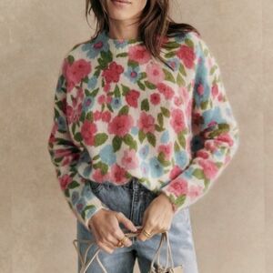 Sezane Floral Crew Neck Sweater - Pink, Green, Blue